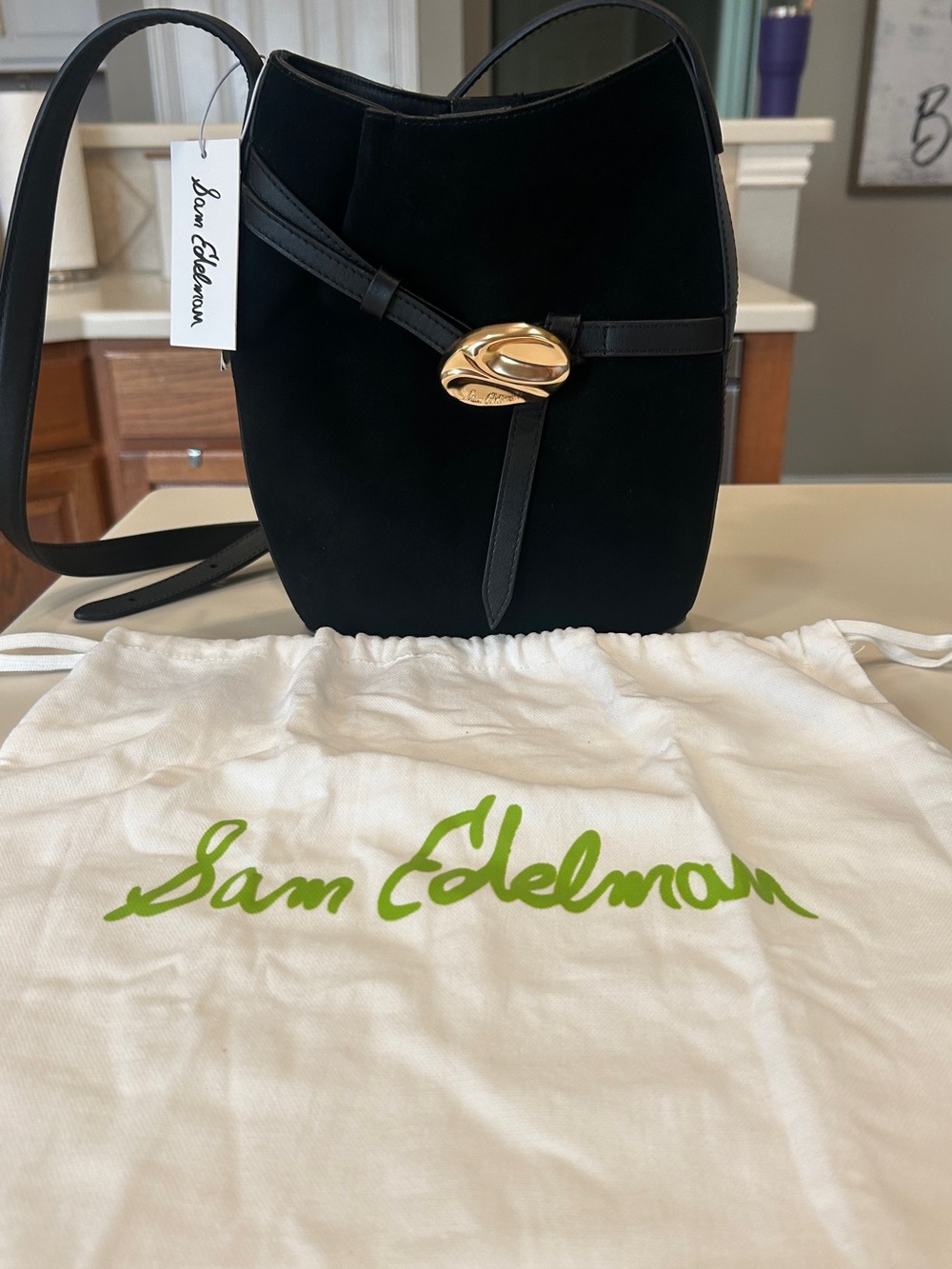 Sam Edelman Bex Black Suede Belted Bucket Bag with Gold Hardware